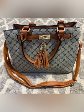 Tan and Gray Patterned Satchel with Tassel Accent with Wallet